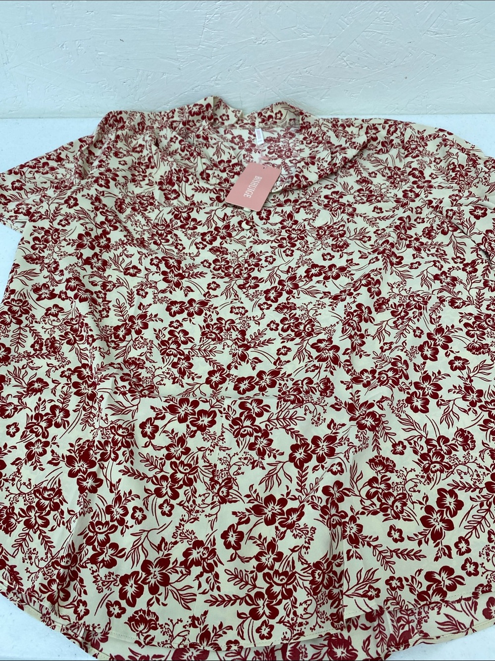 Floral Print Short-Sleeve Shirt - Cream with Burgundy Floral brand new in bag 2X